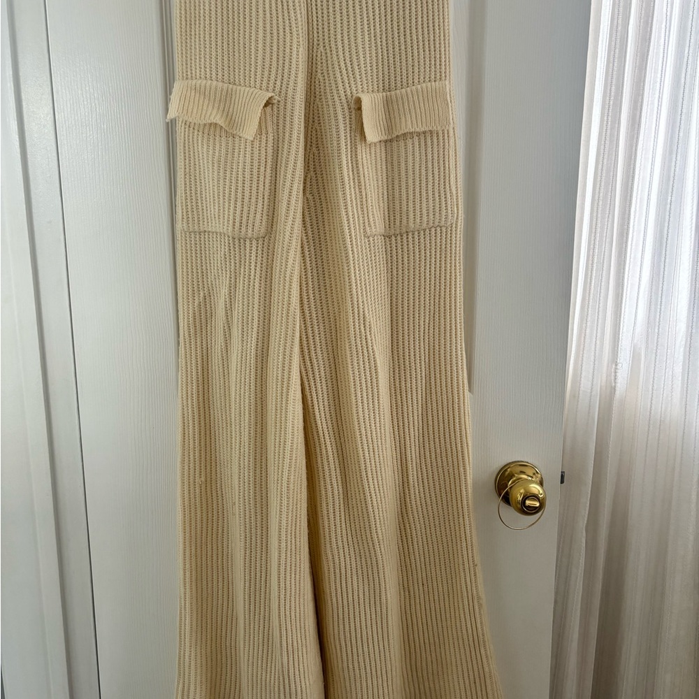 Cream Knit Wide-Leg Pants